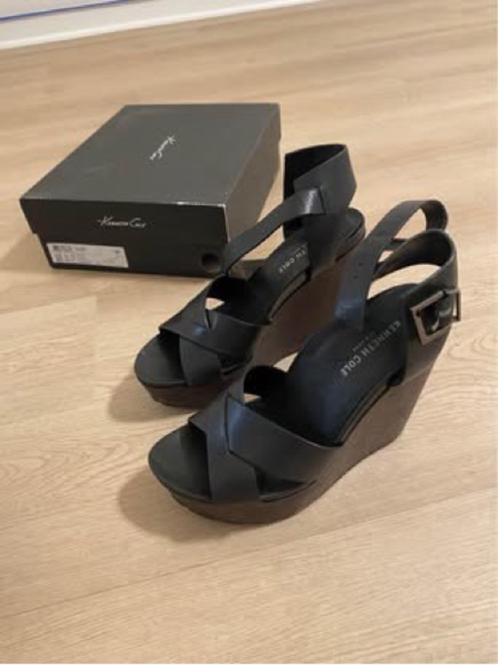 Kenneth Cole Black Leather Crossover Wedge Sandals